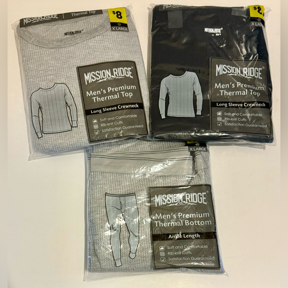 3 - Mission Ridge Men’s Thermal 2-Tops/1-Bottoms Sz:XL grey/black
